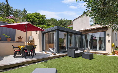 Hameau de Croisette Plage: Furniture, Kitchen & Dining Room Table, Chair, Floor, Sea, Balcony, Ocean, Resort, Eco Hotel, Dining Room