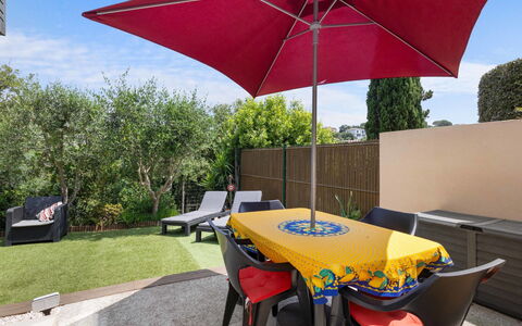 Hameau de Croisette Plage: Furniture, Kitchen & Dining Room Table, Chair, Floor, Sea, Balcony, Ocean, Resort, Eco Hotel, Dining Room