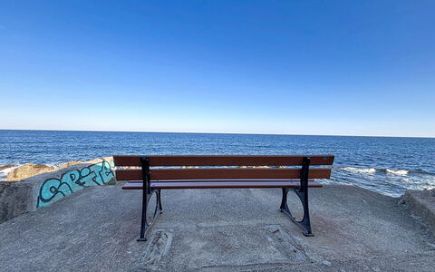 Les Amphores: Blue, Outdoor Bench, Water, Body Of Water, Furniture, Horizon, Bench, Wood, Outdoor Furniture